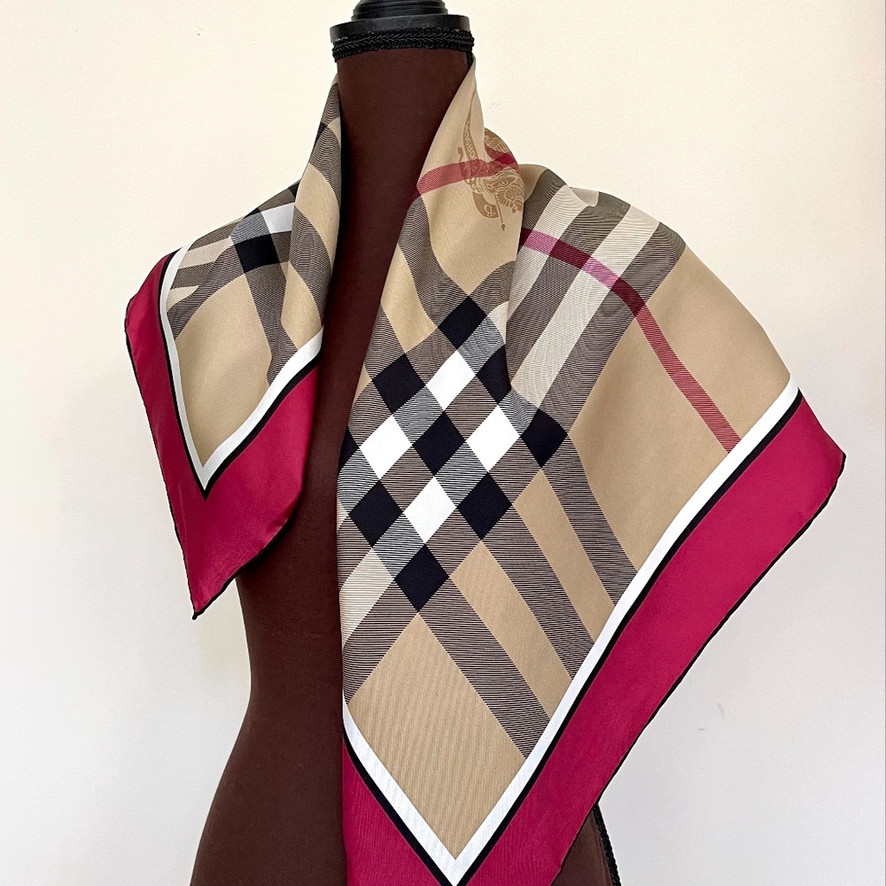 NWT Unisex Burberry Scarf Beige Check Burgundy Red Border Silk Wrap - Picture 7 of 13